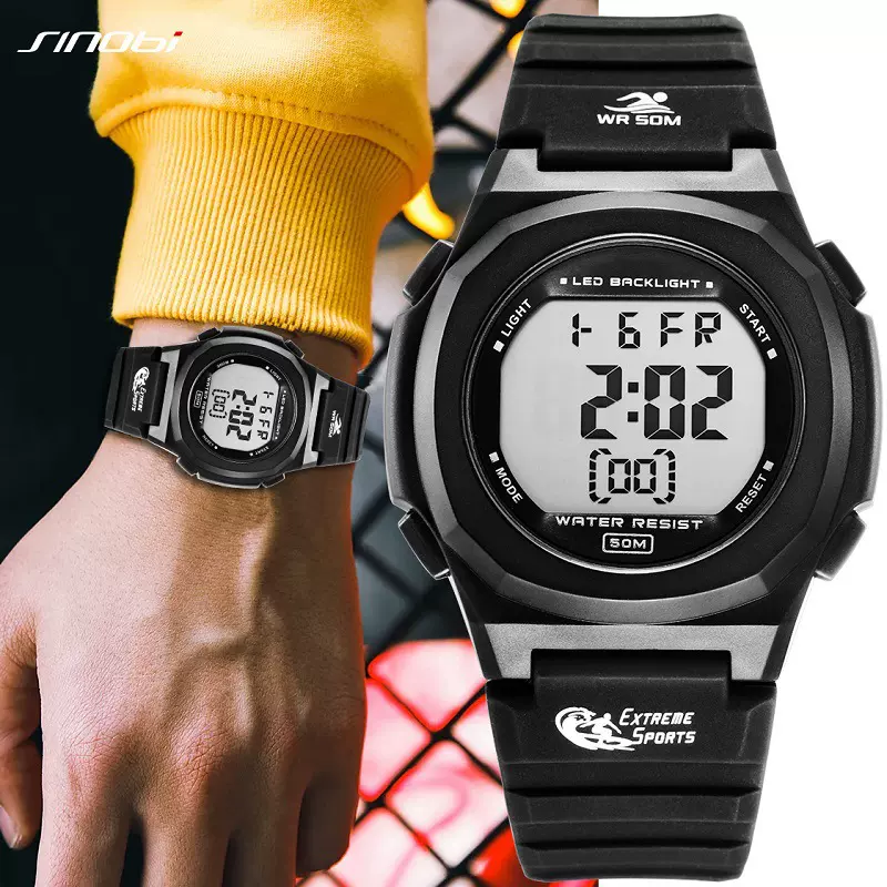 Sinobi情侣手表男多功能潮酷LED电子表运动女手表女深圳腕表9888