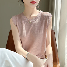 24年春夏新款一线成衣精纺羊毛针织衫女镂空薄款无袖针织上衣圆领
