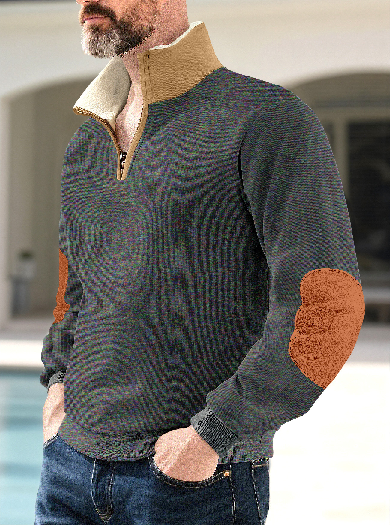 Retro Half Zip Sweatshirt For Men With Patchwork Embroidery_voghion.com