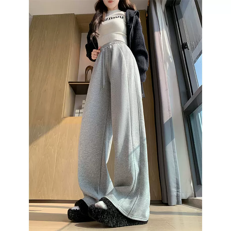lulu同款白灰色加绒运动裤女2025秋冬新款窄版阔腿裤显瘦休闲卫裤