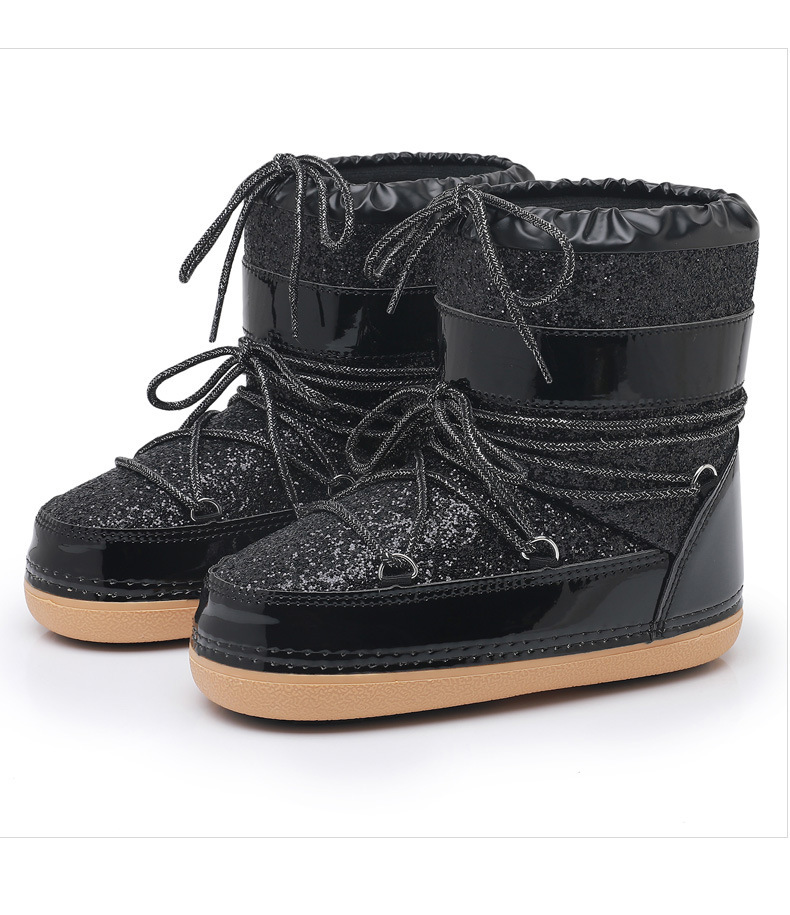 NOKOMETA European And American Winter Space Boots Platform Sequined Bread Short Boots Snow Boots Women's Tide Ski Shoes Straps 2025_voghion.com