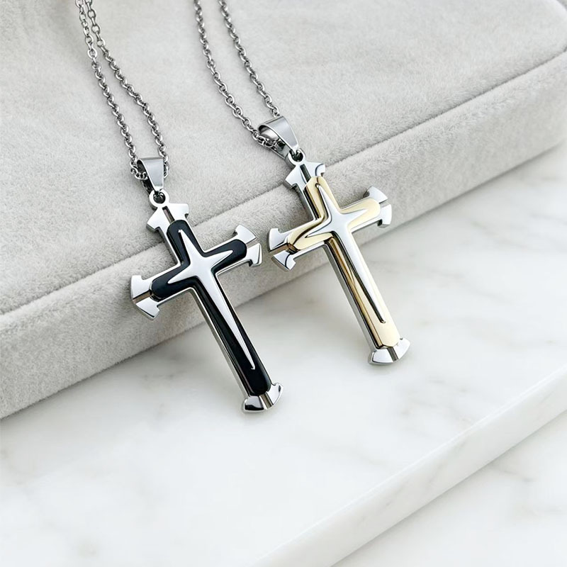 European And American Trendy Men's Three-layer Cross Pendant Stainless Steel Necklace, Popular Pendant, Cross-border_voghion.com