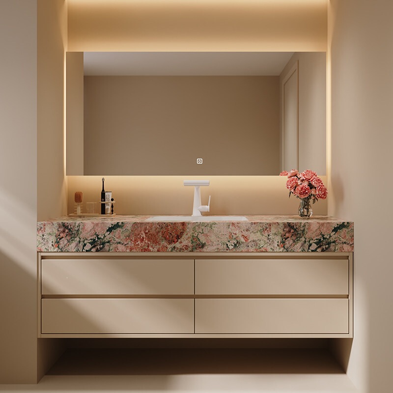 Hotel-Style Bathroom Cabinet with Integrated Pink-Green Stone Washbasin and Sink, Bathroom Cabinet Set, Restroom Vanity Hotel-Style Bathroom Cabinet with Integrated Pink-Green Stone Washbasin and Sink, Bathroom Cabinet Set, Restroom Vanity