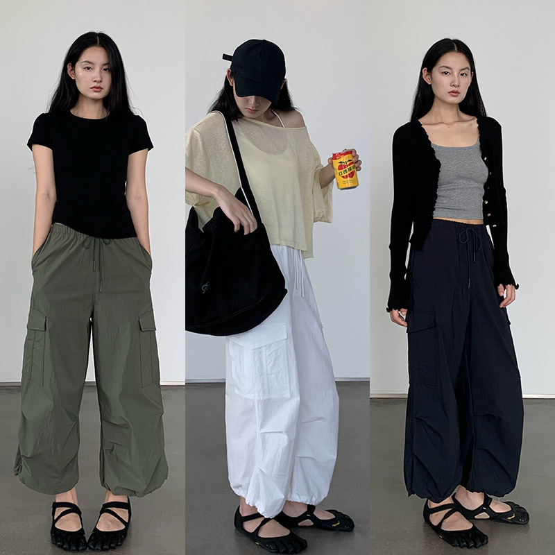 楠涛美式复古辣妹工装裤女夏季新款松紧腰抽绳宽松褶皱休闲八分裤