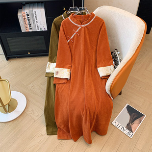 300kg plus size women's chubby girl autumn and winter Chinese style retro improved cheongsam 2024 new long sleeve dress