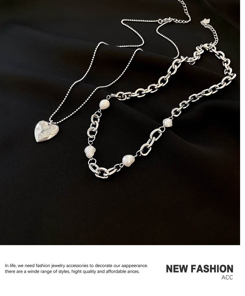 Fashion Heart Titanium Steel Necklace Hip Hop Double Pearl Pendant Clavicle Chain display picture 6