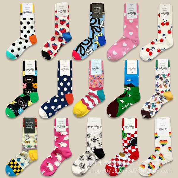 Happysocks Swedish Trendy Brand Socks for Women, Mid-Calf, Ins-Style, Versatile, Anime Cartoon, High-Waisted Cotton Socks Wholesale