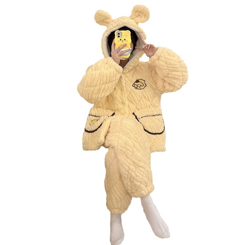 새로운 겨울 파자마 여성 3 층 면 두꺼운 기모 면화 외투를 입고 면화 옷