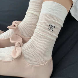 蝴蝶结袜子女夏季薄款网眼精梳棉韩国ins潮芭蕾风堆堆白色中筒袜