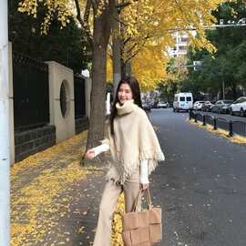 韩系杏色高领流苏披肩斗篷毛衣女早秋季高级感慵懒宽松不规则上衣