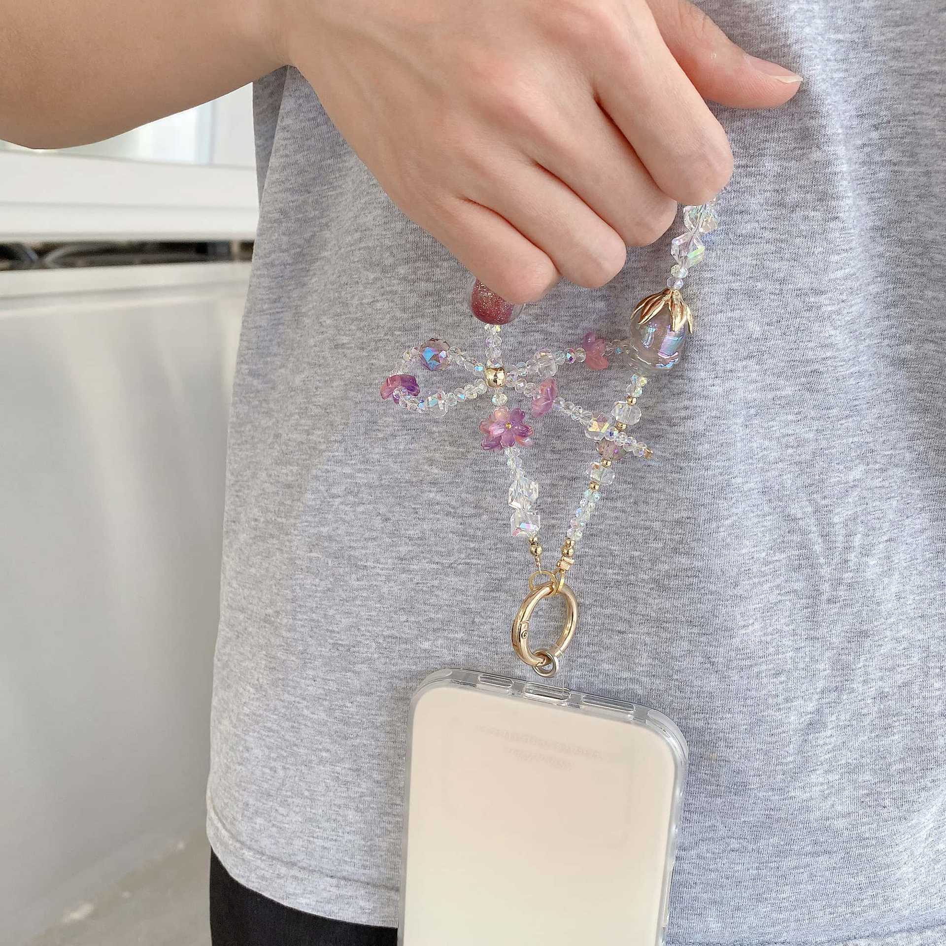 Boutique hecho a mano de alta gama teléfono móvil cadena colgante mujer tulipán sueño púrpura cadena larga moda teléfono móvil cordón largo mensajero colgante