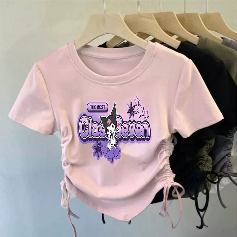Hello kitty, шелковая летняя футболка, шнурок, с коротким рукавом, slim fit, западный стиль, для подростков