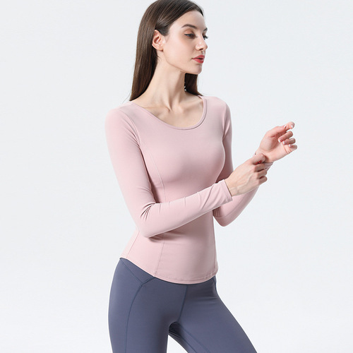 Cross-border autumn and winter new style nude tight-fitting long-sleeved yoga clothes with chest pads sports fitness clothes for women beauty back yoga tops