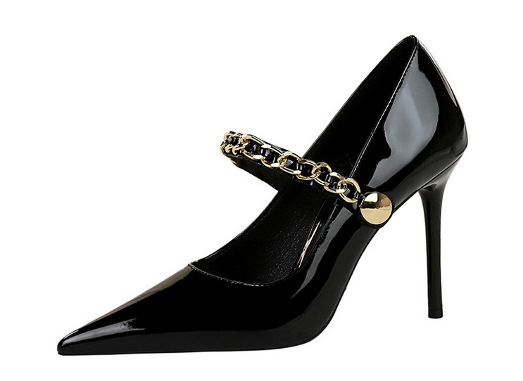 High heels women's shoes slim heels patent leather shallow mouth pointed metal chain line with single shoes_voghion.com