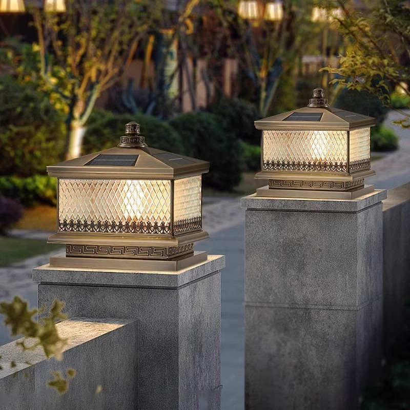 All copper solar pillar lamp outdoor waterproof door pillar lamp simple villa garden wall lamp Gate garden lamp