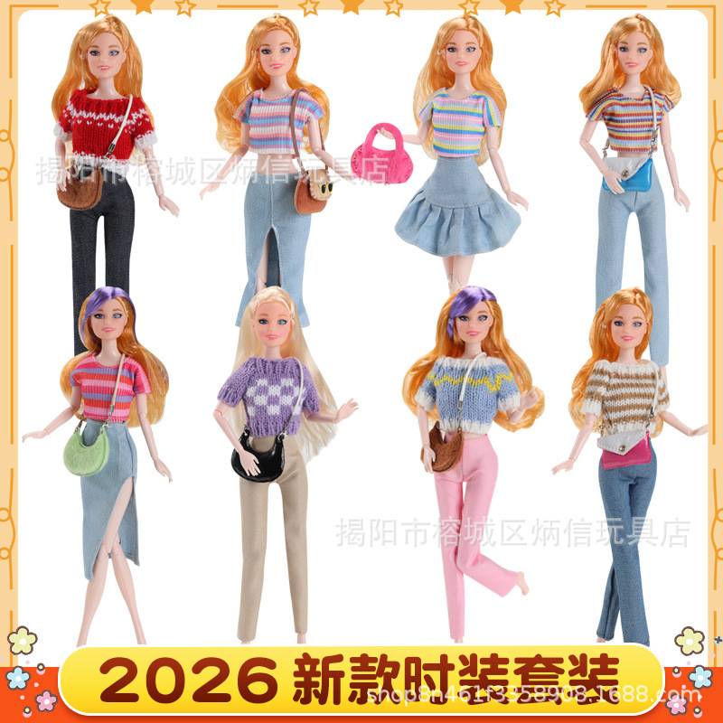 30cm Barbie Doll Dress-Up Outfit Set 6-Piece Korean Style Casual Knit Striped Top and Slit Denim Skirt
