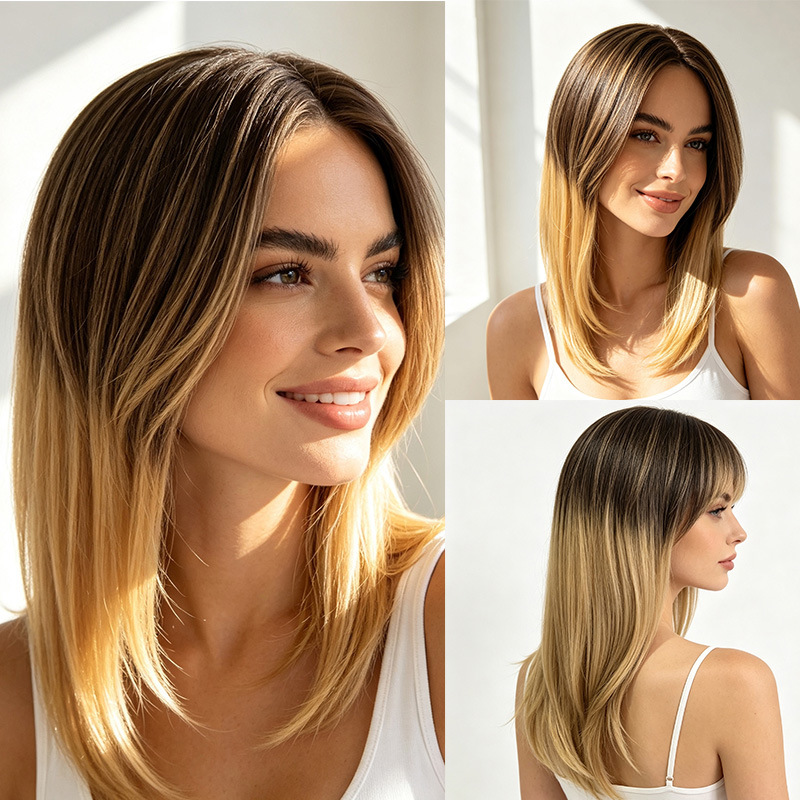 Gradient Golden Medium-Length Straight Hair with Inward Curls, Wholesale Foreign Trade, Wavy Bangs, Women's Full Head Wig, Yellow Gradient Golden Medium-Length Straight Hair with Inward Curls, Wholesale Foreign Trade, Wavy Bangs, Women's Full Head Wig, Yellow