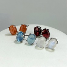 光面月光石6*8mm金太阳石S925纯银耳钉 彩宝水晶耳饰跨境批发