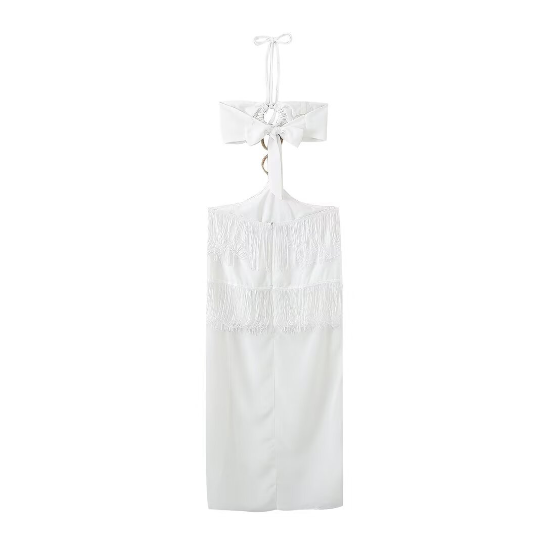 Women's Regular Dress Elegant Halter Neck Tassel Sleeveless Solid Color Midi Dress Holiday Daily display picture 2