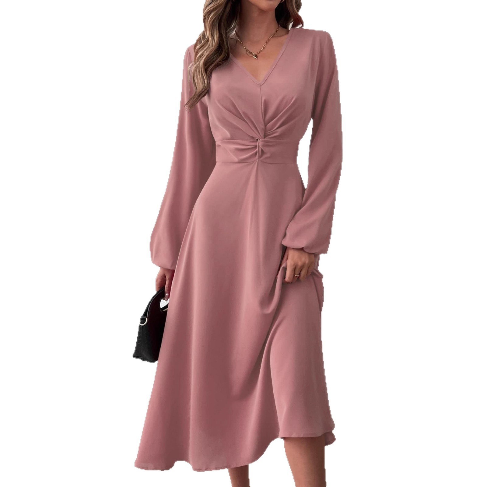 European And American Women' Spring Summer Fahion V-Neck Lantern Long Sleeve Twit Edge Elegant Mid-Length_ecoleips.com