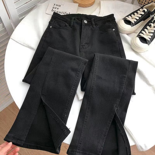 Stylish versatile legging pants with split hem, high-waisted, stretch denim for women, student  new micro bell-bottom wide-leg pants for summer