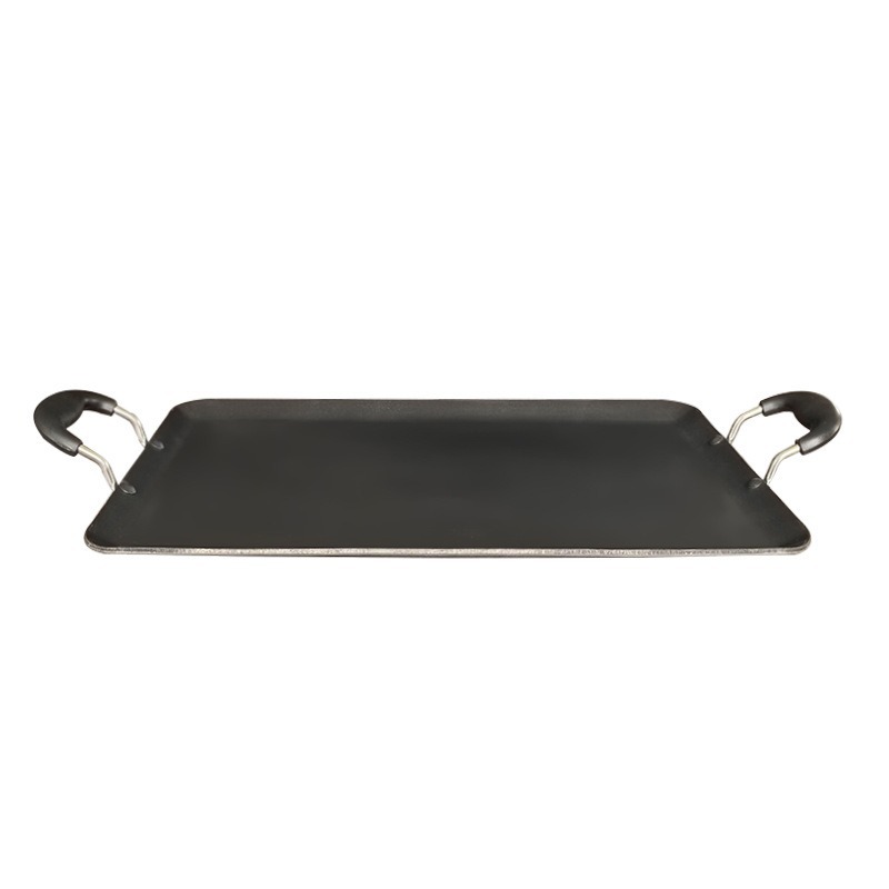 Plancha antiadherente de doble asa para parrilla y cocina al aire libre, apta para gas y llama abierta.