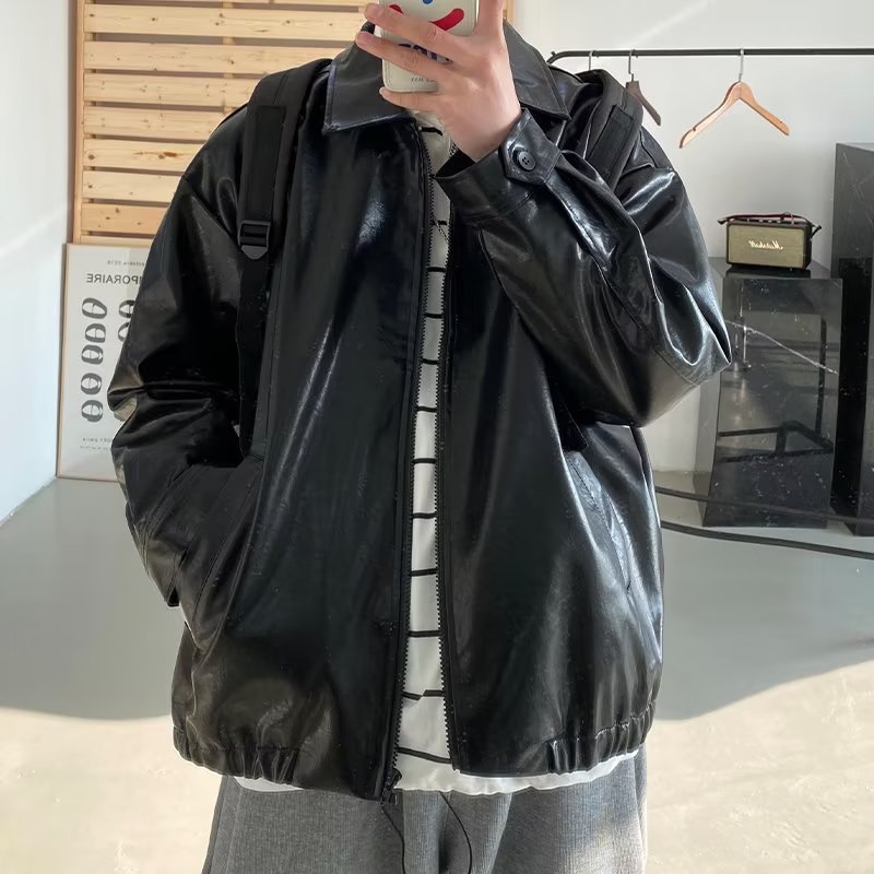 PU chaqueta de cuero de los hombres de moda americana marca calle moda guapo motocicleta estilo chaqueta otoño suelta retro pareja solapa superior