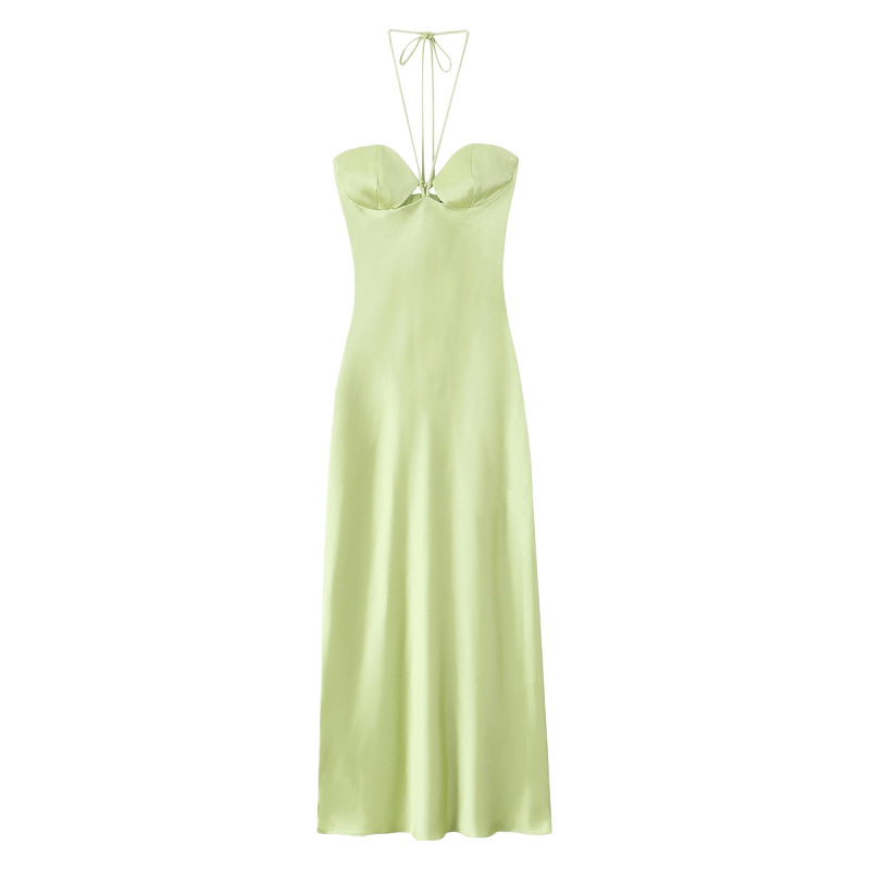 Unizera Women's Clothing 2026 Summer New Product Elegant Heart-Shaped Collar Silk Satin Midi Dress 2861332