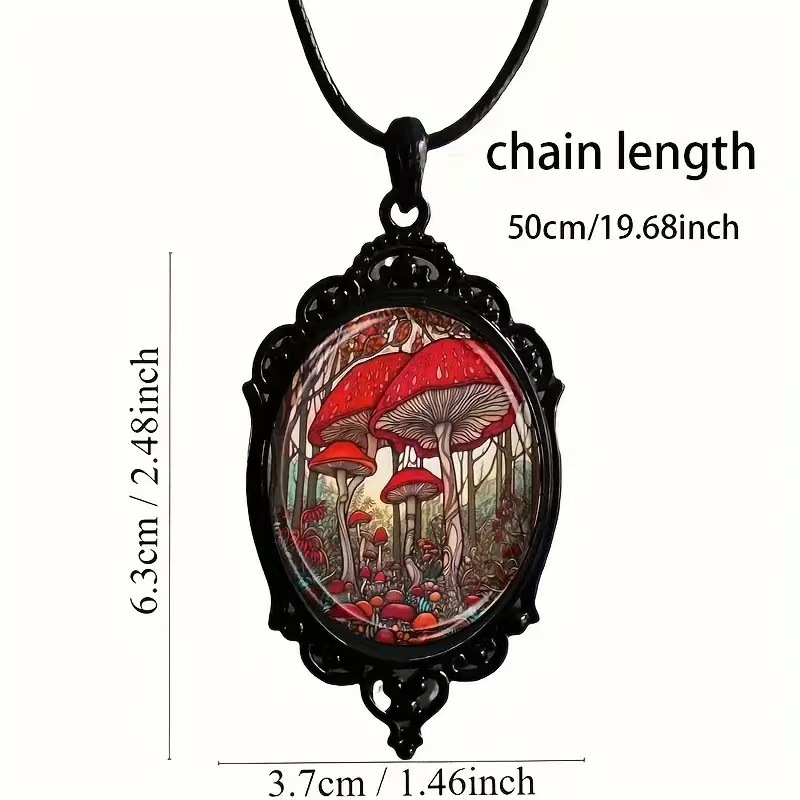 项链永恒红色蘑菇玻璃吊坠项链-时尚优雅，黑色框架-送给她的浪漫