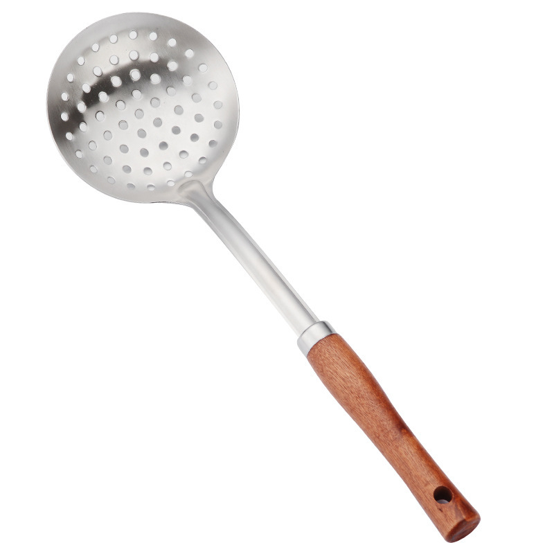 Espátula de acero inoxidable gruesa con mango de madera, cocina, cocina, cocina, pala, cuchara, colador, cuchara de cocina de acero inoxidable para el hogar