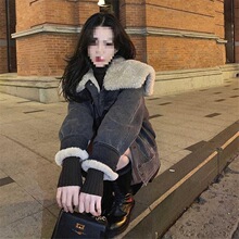 秋冬新款网红韩版宽松复古加厚加绒棉衣羊羔毛牛仔外套女
