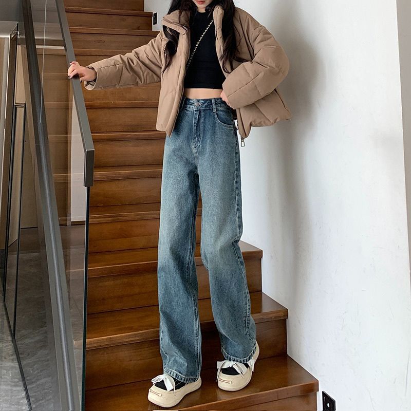 韩版复古蓝高腰阔腿牛仔裤女新款春秋垂感小个子窄版直筒拖地裤子|undefined