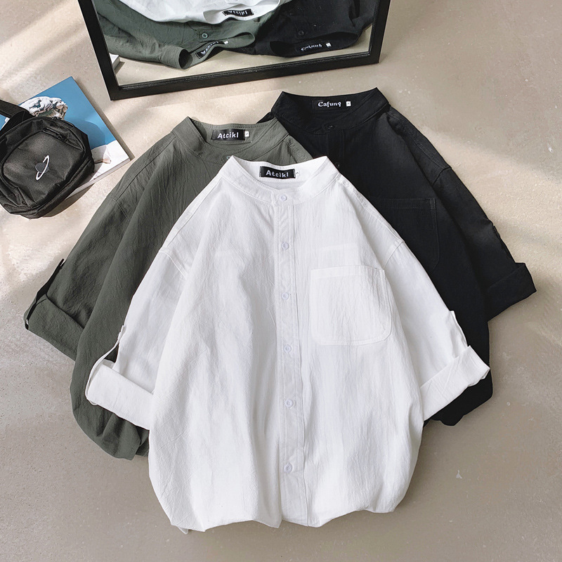 Summer New Korean Style Trendy Shirt Men's Stand Collar Black and White Three-Quarter Sleeve Shirt Men's Handsome Casual Long-Sleeved Jacket