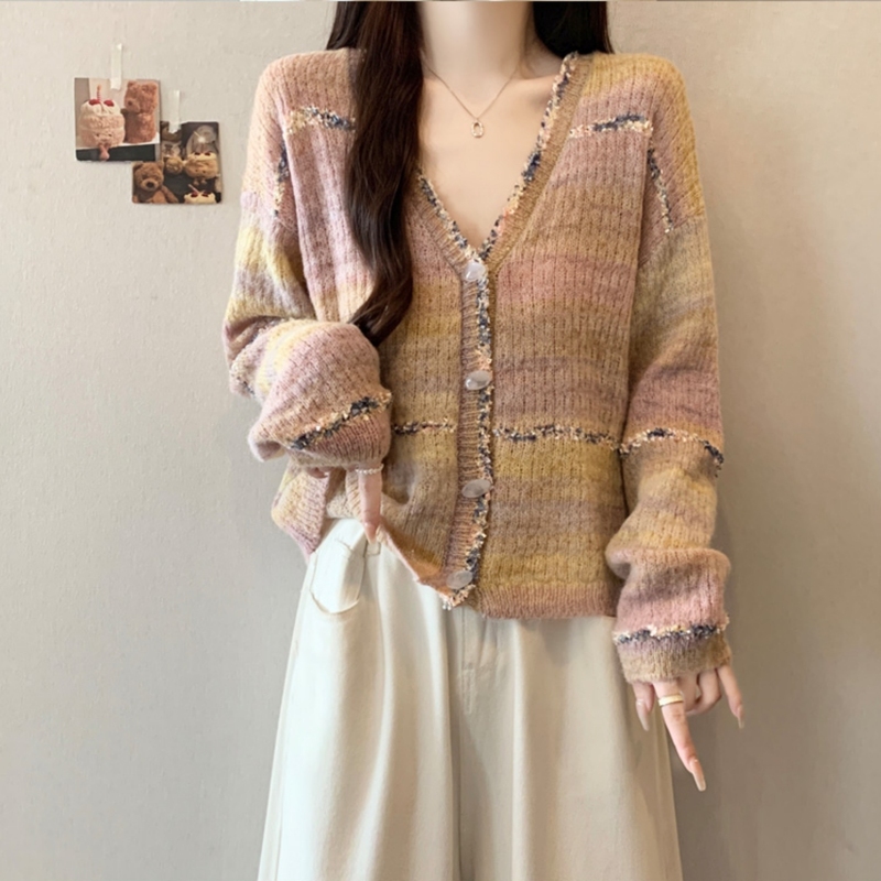 短款V领针织开衫毛衣外套女秋季新款大码胖mm显瘦多巴胺彩色上衣|undefined