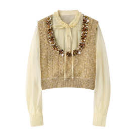 现货2025春新款珠片装饰假两件拼接针织衫LF25C21ZB150