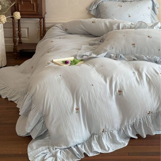 French Beautiful Cotton Crumple Yarn Four-piece Set Girl's Lotus Leaf Lace Flower and Xunxun Pure Cotton Double-layer Yarn Quilt Cover Bed Sheet