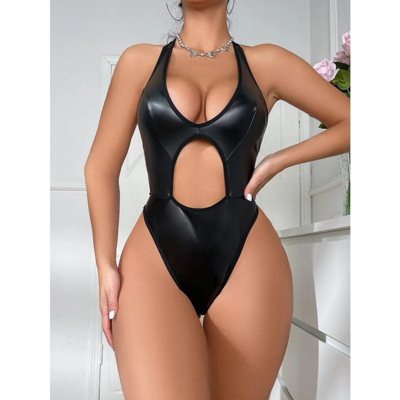 Popular Foreign Trade Low-Cut Sexy Lingerie European and American Tight-Fitting Suspenders Sexy Jumpsuit Cut Out Temptation Women's Patent Leather Pieces Popular Foreign Trade Low-Cut Sexy Lingerie European and American Tight-Fitting Suspenders Sexy Jumpsuit Cut Out Temptation Women's Patent Leather Pieces