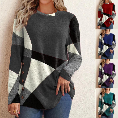  European and American Autumn/Winter Amazon Independent Station New Women's Clothing French Cashmere Contrast Color Print Long Sleeve T-Shirt Top