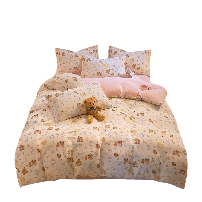 Cama de terciopelo de leche de cuatro piezas conjunto de 2025 coral terciopelo de coral sábanas calentadoras gruesas cubierta de edredón de cama de tres piezas conjunto de ropa de cama