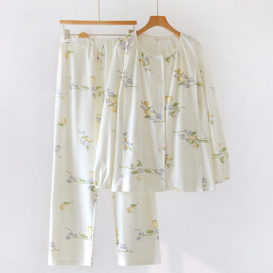 Pure Cotton Chest Pad Monthly Clothes Cardigan Long Sleeve Breastfeeding Pregnant Women Postpartum Nursing Home Clothes Spring and Autumn Late Pregnancy suit