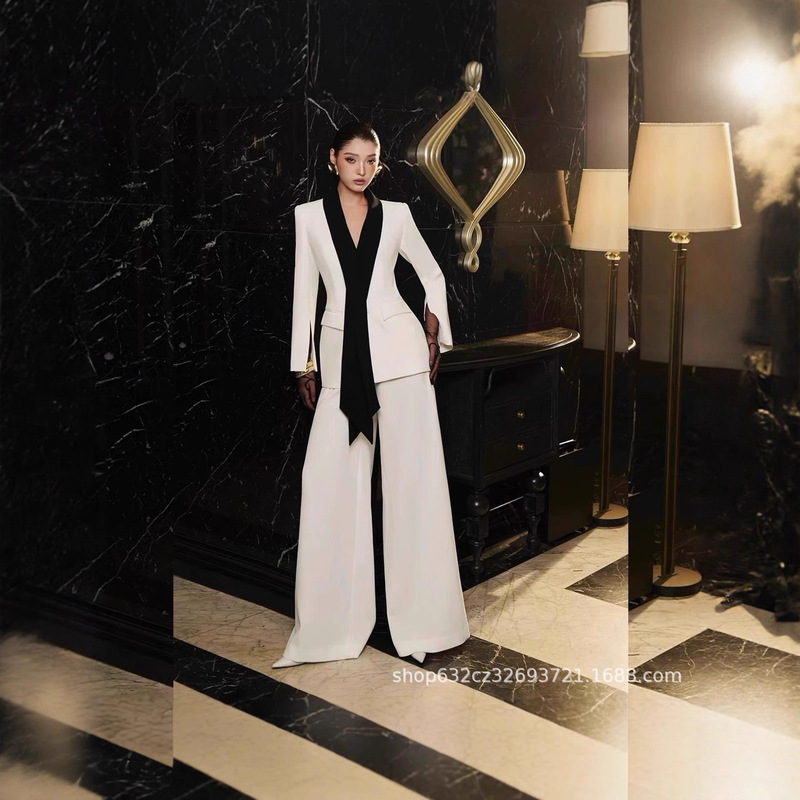 French Style Black and White Contrasting Suit Jacket for Women in Autumn and Winter New High-End Fashion High-Waisted Wide-Leg Pants Two-Piece Set