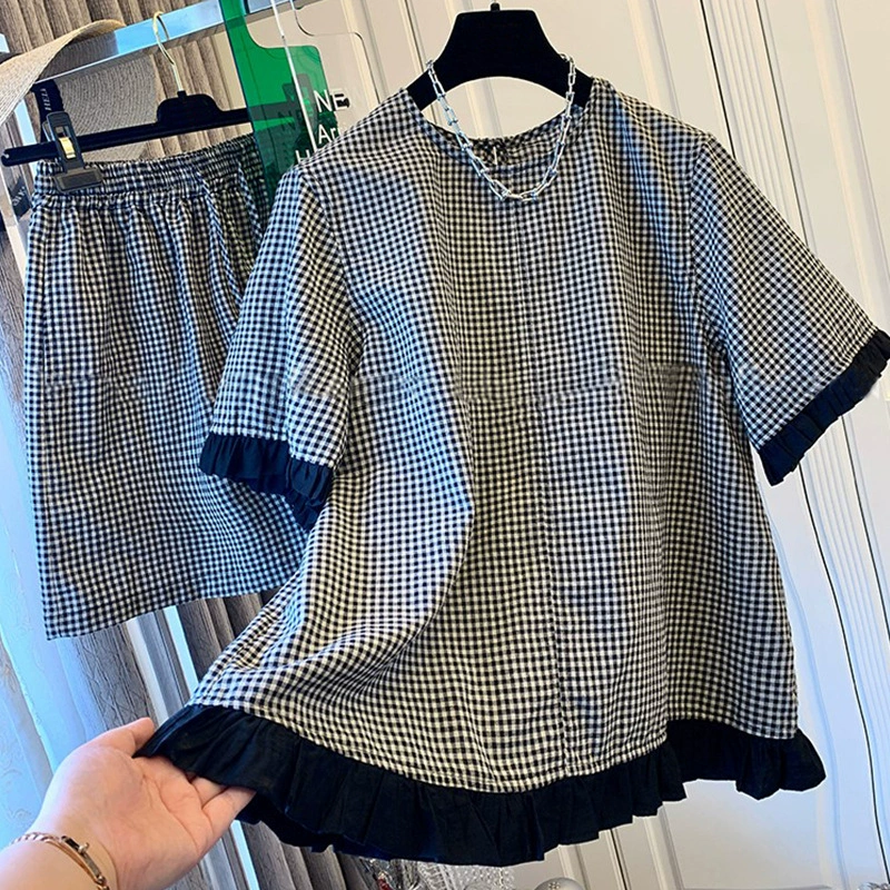 Очень красивый костюм, кружевная клетчатая рубашка с короткими рукавами, топ, шорты, свободные повседневные летние, новый стиль