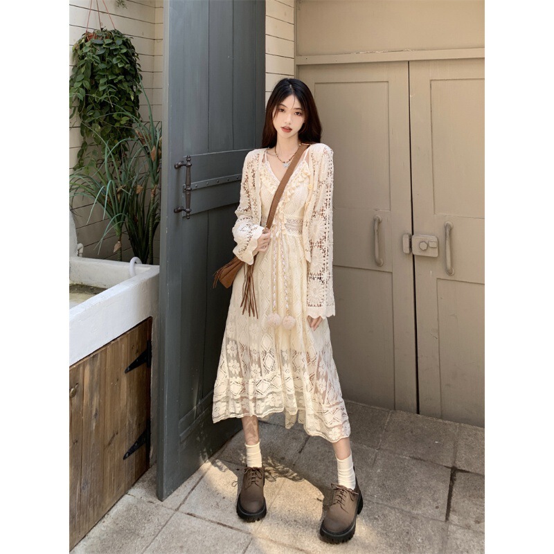 2026 Summer New Ethnic Style Tie-Dye White Blank Camisole Dress French Super Fairy Style Handmade Shell Mid-Length Dress