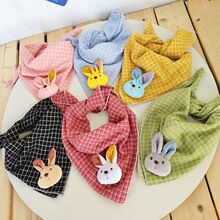 纯棉儿童围巾格子大方巾秋冬薄三角巾中大童兔子卡通头巾护耳保暖