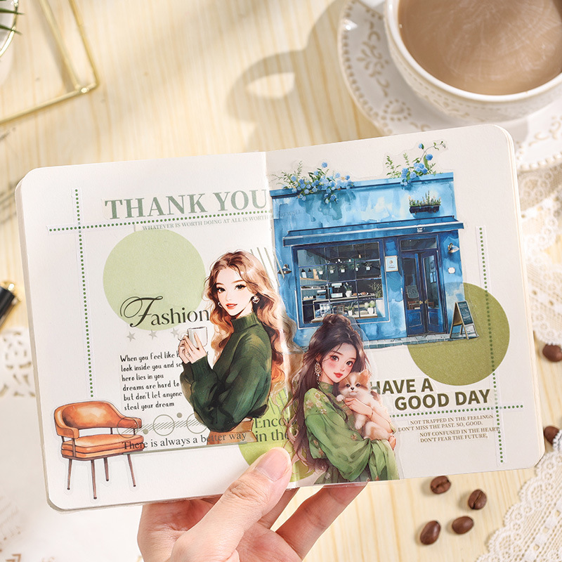 Elegante fantasma transparente pegatinas de mascotas impermeables DIY pegatinas de diario de cuentas retro escenas callejeras personajes especiales pegatinas de chicas