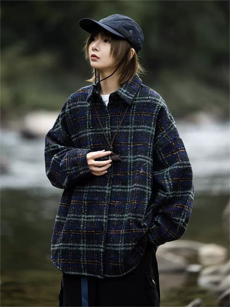 Осенне-Зимняя школьная цветная клетчатая рубашка мужская и женская пара BF нейтральное шерстяное пальто с лацканами свободное повседневное