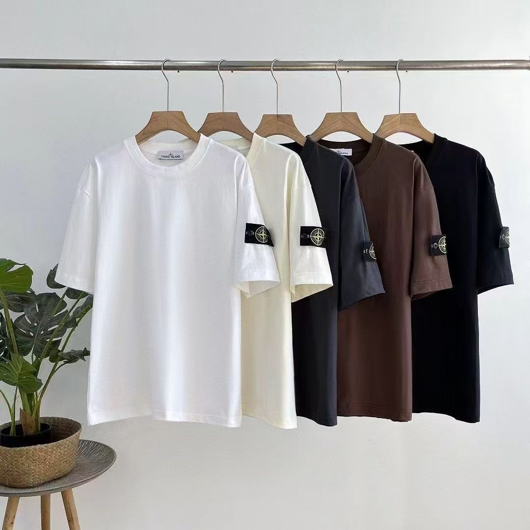 Stone Land Embroidered Badge Cotton Short-Sleeve T-Shirt, Unisex Trendy Loose Fit Sporty Crew Neck, Couple Style