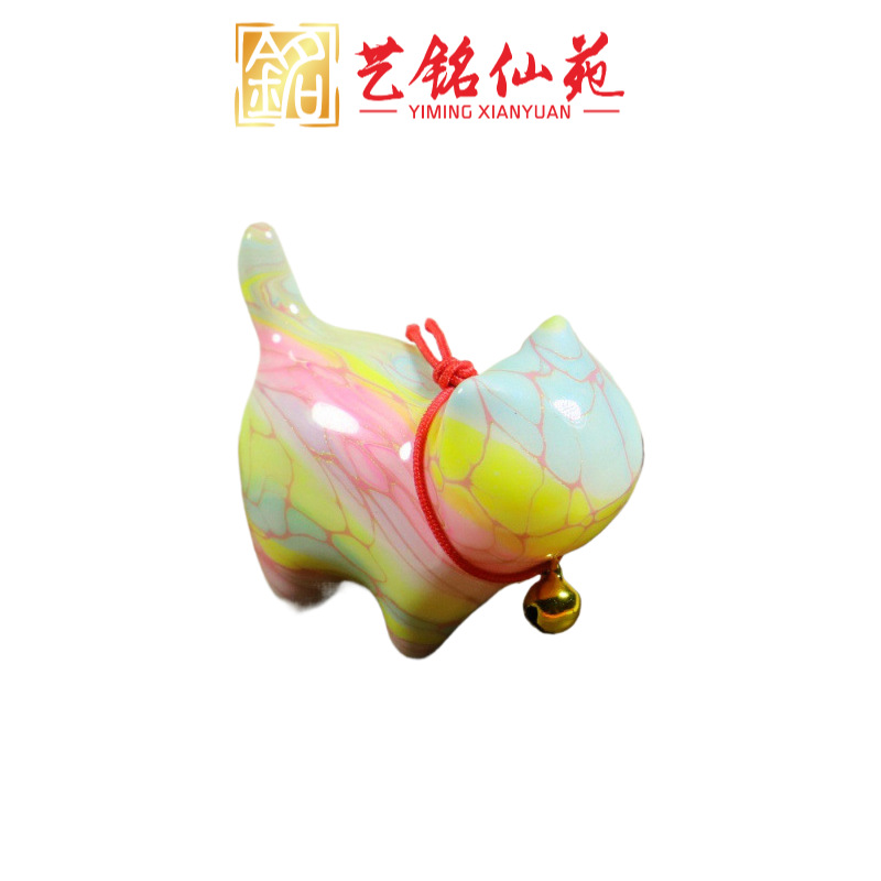 Madera de sándalo encantadora con ojos inclinados con campanas gatos adornos gatos esculpidos de sándalo creativos regalos de cumpleaños