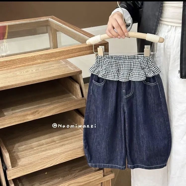 Children's Wide Leg Pants Summer All-match Waist Stitching Fart Curtain Cropped Jeans Girls Soft Thin Loose Trousers