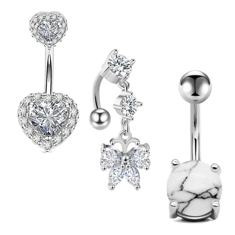 Exquisite AB Color Navel Zircon Ring Soft Pot Ball Belly Ring 3-Piece Set Stainless Steel detail image 12